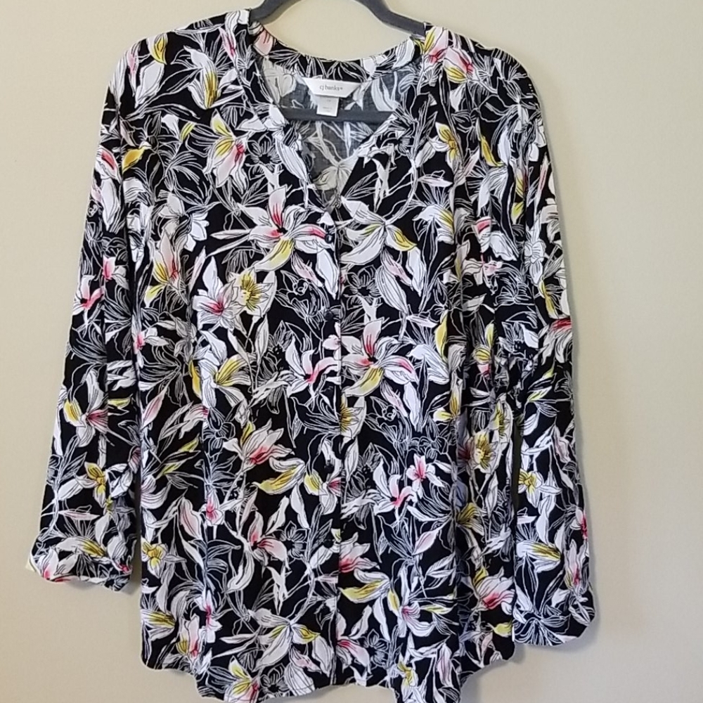 CJ Banks Black Floral Button Down Top 1X